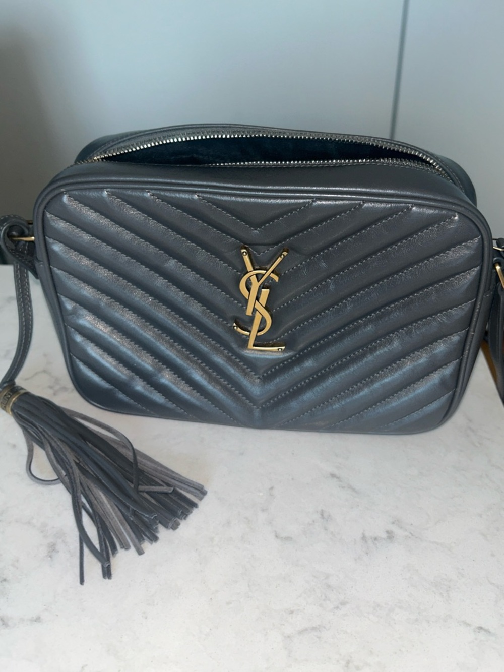 Saint Laurent Lou Camera Crossbody in Gray with Gold Hardware